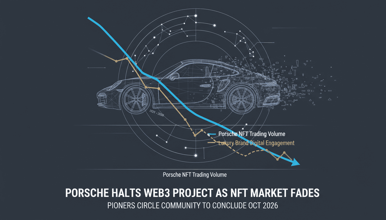 A visual representation of Porsche's NFT trading volume decline and luxury brand engagement trends.