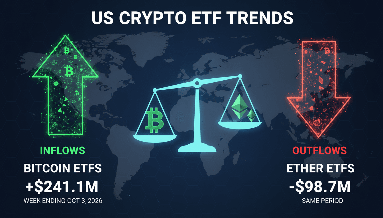 A graphic showing the inflow of Bitcoin ETFs and the outflow of Ether ETFs, highlighting market trends.