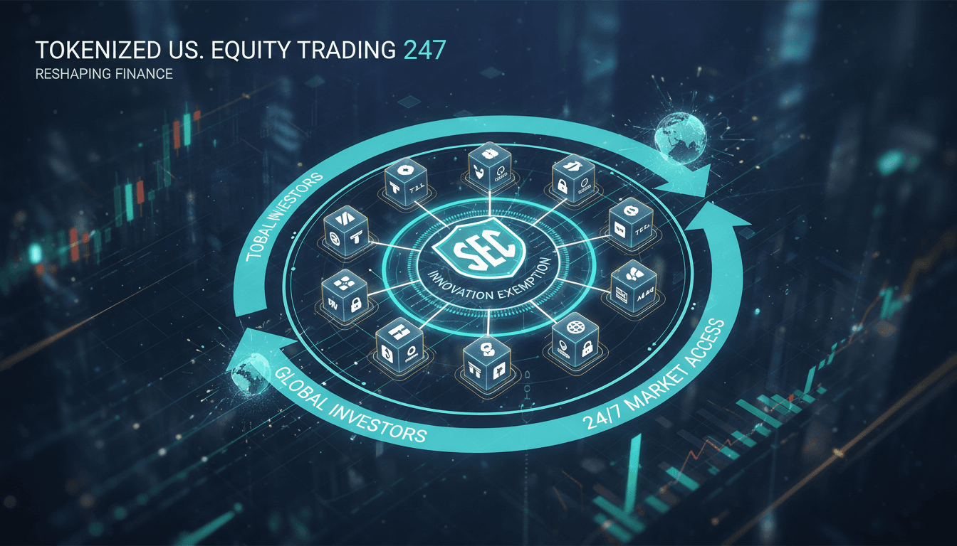 An infographic showing the mechanics of OKXICE's 24/7 tokenized trading venue and its implications for U.S. equities.