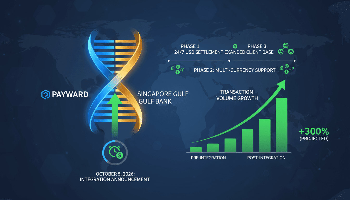 Infographic illustrating Payward's integration with Singapore Gulf Bank for 24/7 USD settlement in digital asset trading.