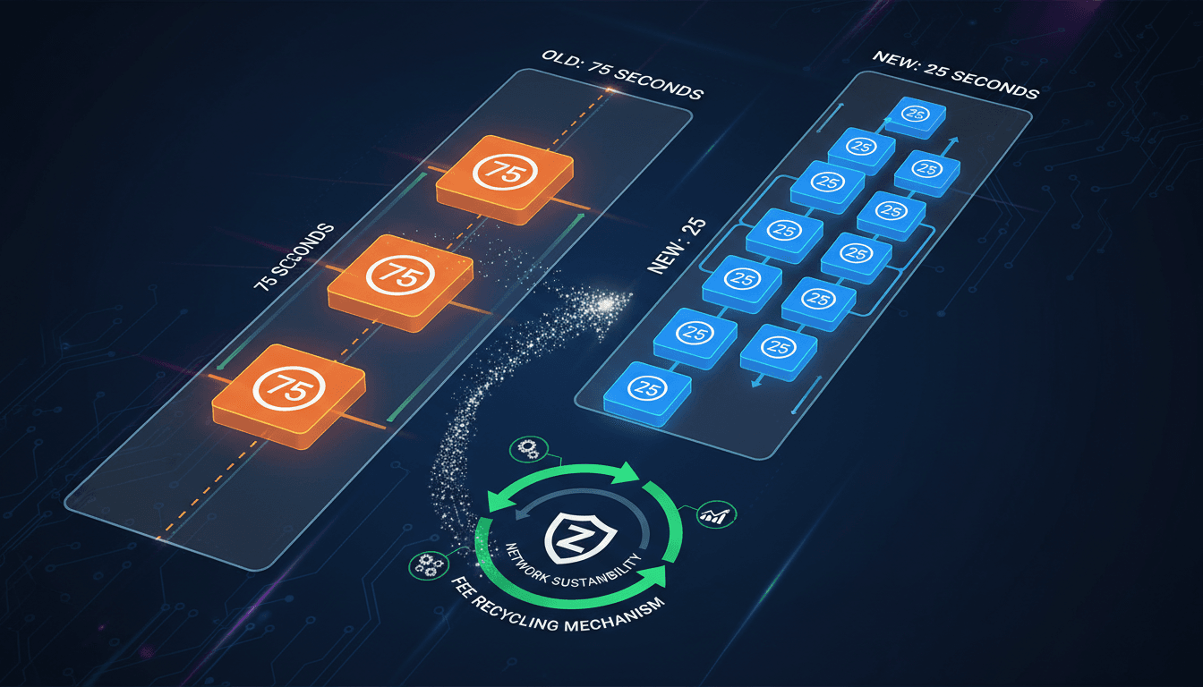 Infographic showing Zcash NU7 upgrade details, including block time reduction and fee recycling mechanism.