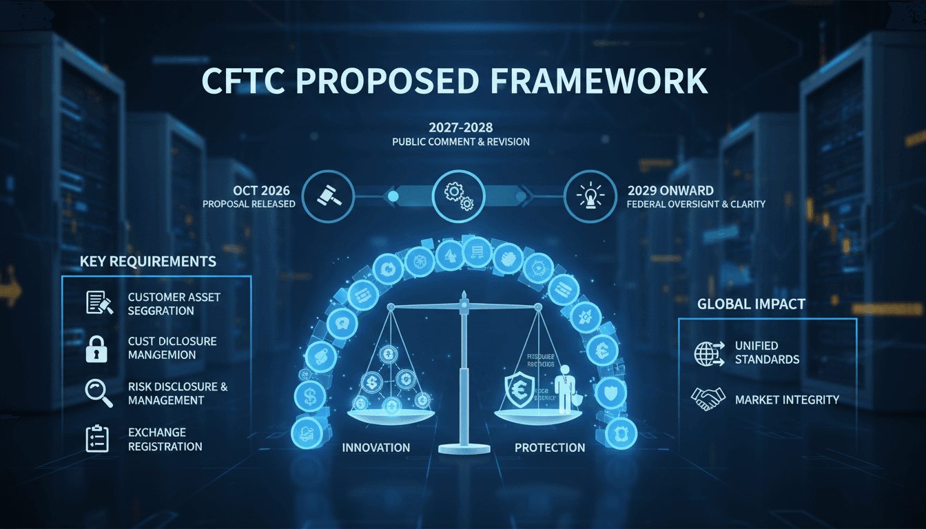Infographic showing the CFTC's new regulatory framework for leveraged cryptocurrency trading, including key requirements and timelines.