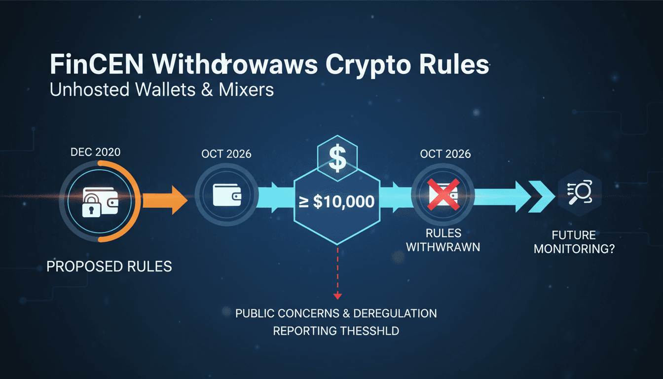 Infographic showing FinCEN's withdrawal of proposed crypto rules, highlighting the $10,000 transaction threshold.