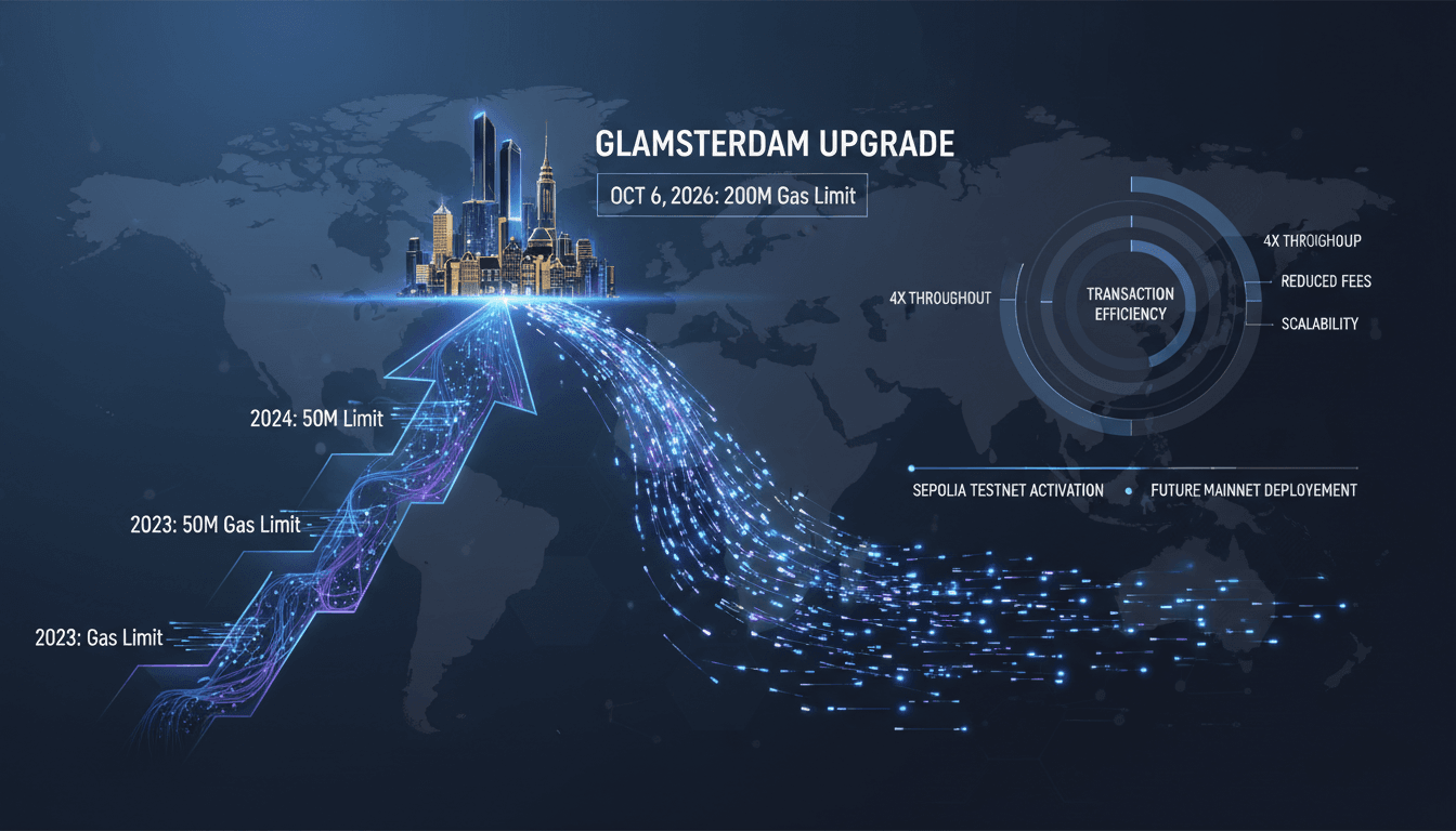 Infographic showing Ethereum's gas limit evolution and the impact of the Glamsterdam upgrade on transaction efficiency.