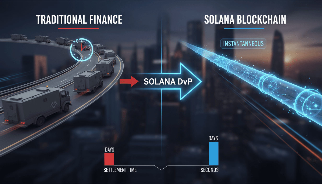 An infographic showing Solana DvP's rapid settlement process compared to traditional finance.