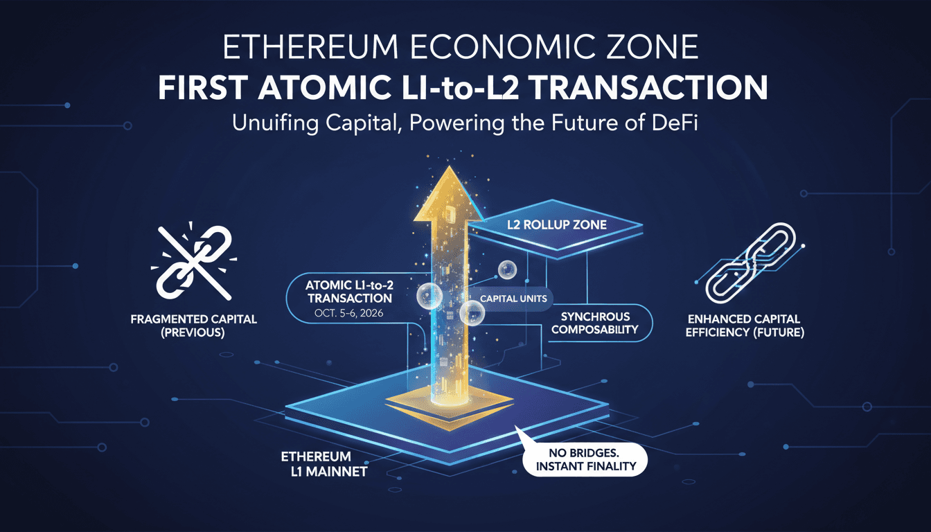 Infographic showing Ethereum's first atomic L1-to-L2 transaction and its benefits for capital efficiency.
