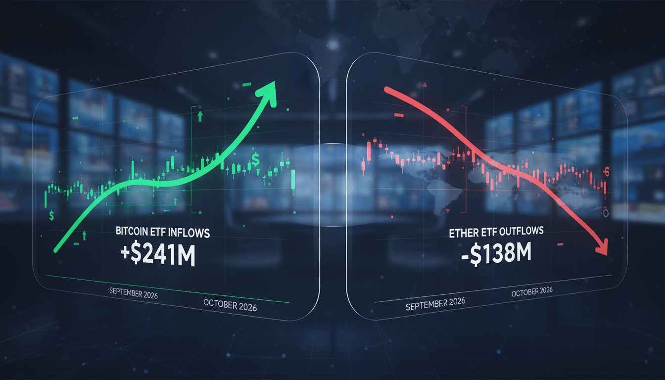 A chart showing Bitcoin ETF inflows and Ether ETF outflows, highlighting market trends in cryptocurrency investments.