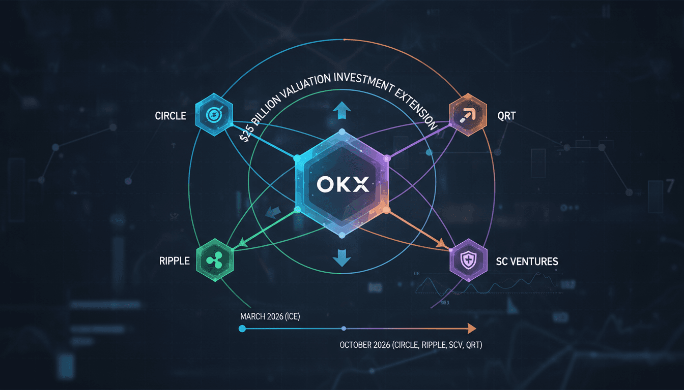 Infographic showing OKX's $25 billion investment extension and key investors like Circle and Ripple.