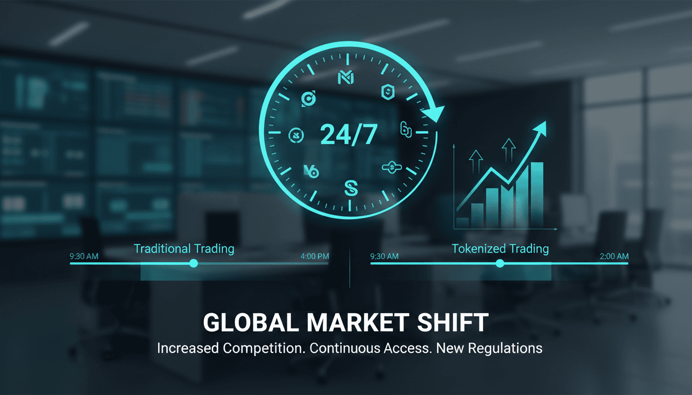 Infographic showing the impact of OKXICE's 24/7 tokenized trading venue on traditional stock trading.