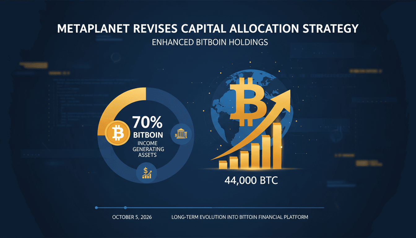 Infographic detailing Metaplanet's Bitcoin holdings and revised capital allocation strategy.