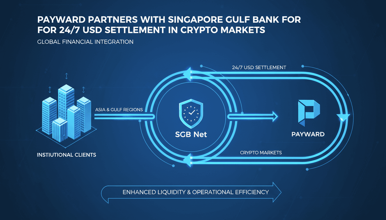 Infographic showing Payward's integration with SGB Net for 24/7 USD settlement in cryptocurrency transactions.