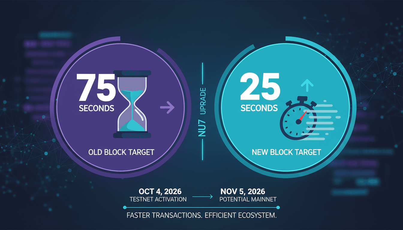 Infographic illustrating Zcash's transition to 25-second block intervals with the NU7 upgrade.