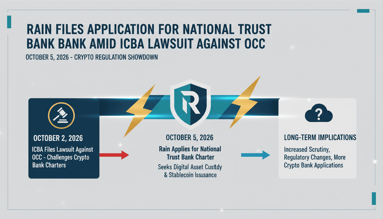 Infographic detailing Rain's bank application timeline and the ICBA lawsuit context.