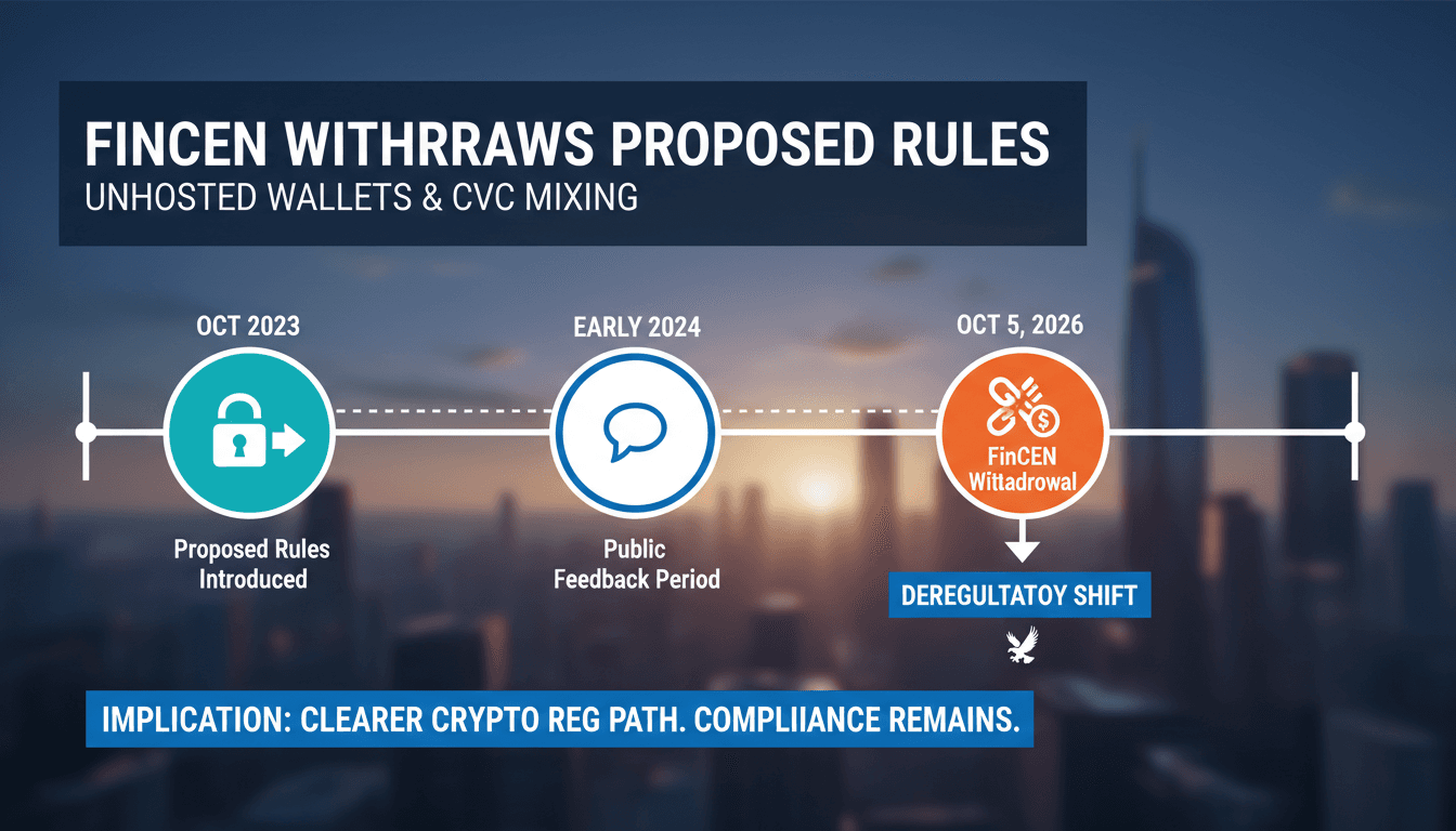 Infographic showing the timeline of FinCEN's crypto wallet and mixing proposals and their withdrawal.