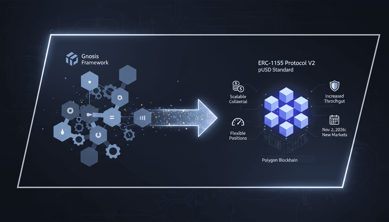 Infographic showing Polymarket's transition to Protocol V2 with ERC-1155 contracts and pUSD collateral.