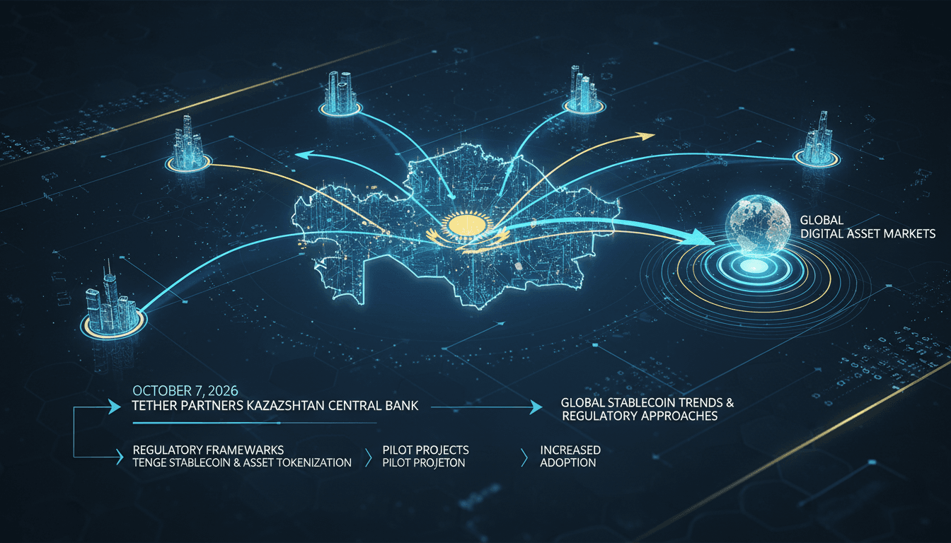 Infographic showing Tether's MoU with Kazakhstan and its implications for stablecoins and digital assets.