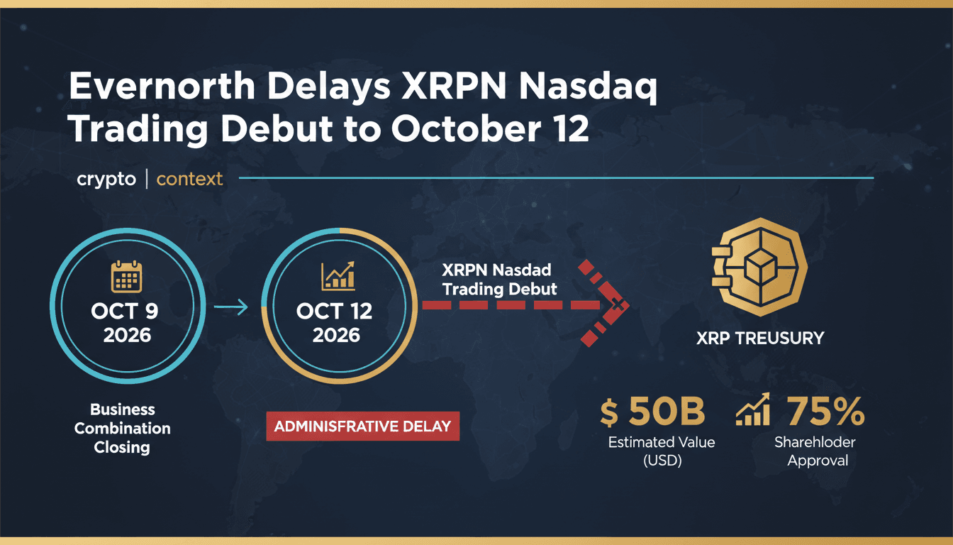 Infographic detailing Evernorth's Nasdaq debut delay and XRP treasury size.