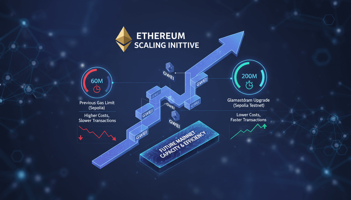 Infographic showing Ethereum's gas limit increase and its effects on transaction speeds and costs.