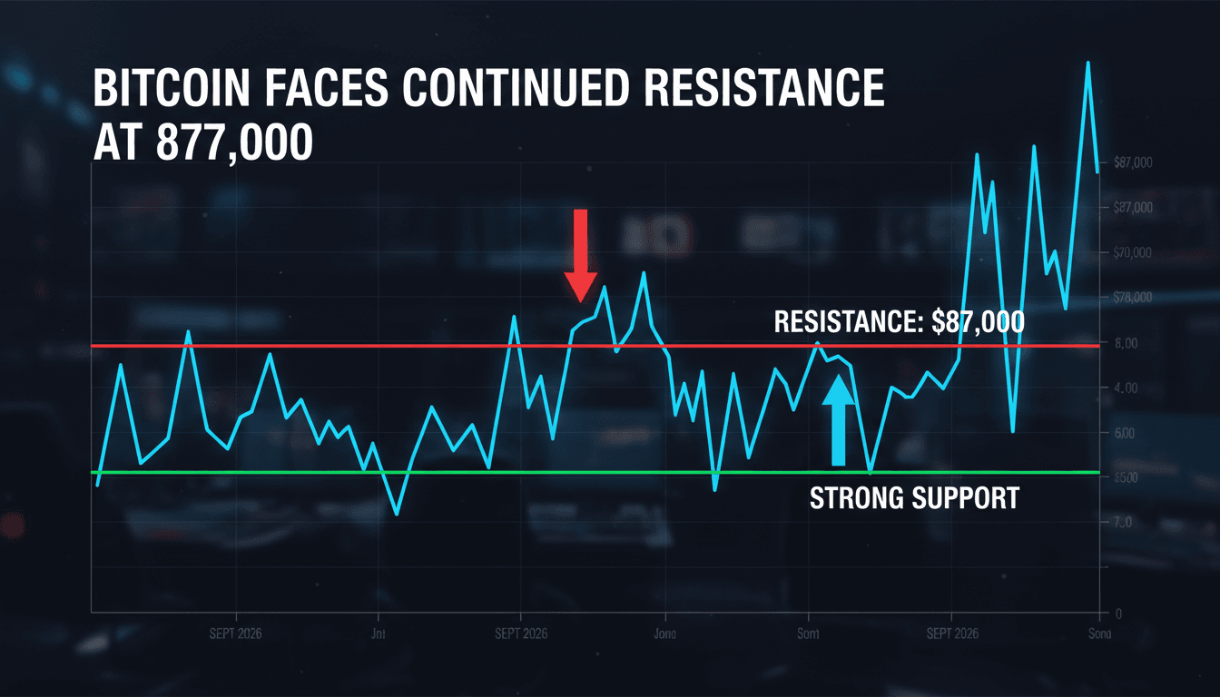 A chart depicting Bitcoin's price resistance at $87,000 with support levels and market trends highlighted.