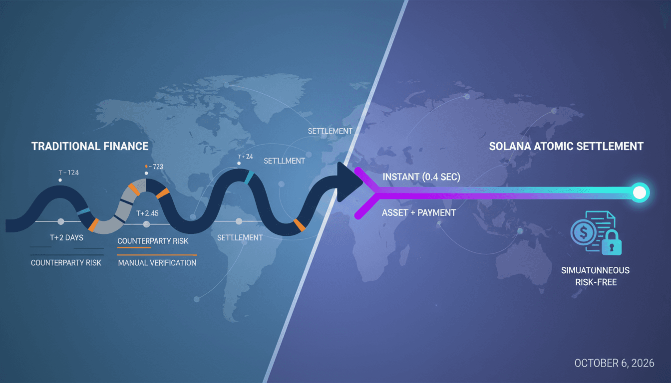 Infographic showing Solana's atomic settlement speed versus traditional finance timelines.