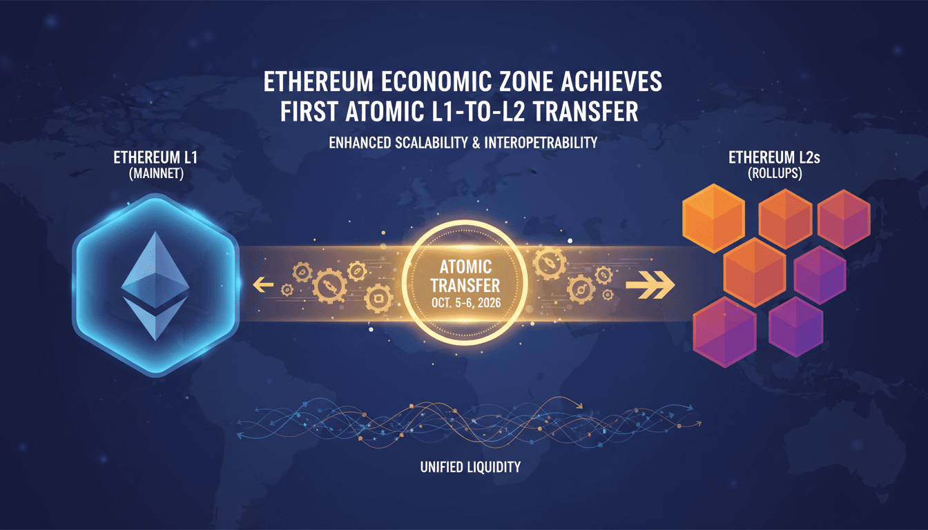 Infographic showing Ethereum's first atomic L1-to-L2 transfer process and its impact on liquidity.
