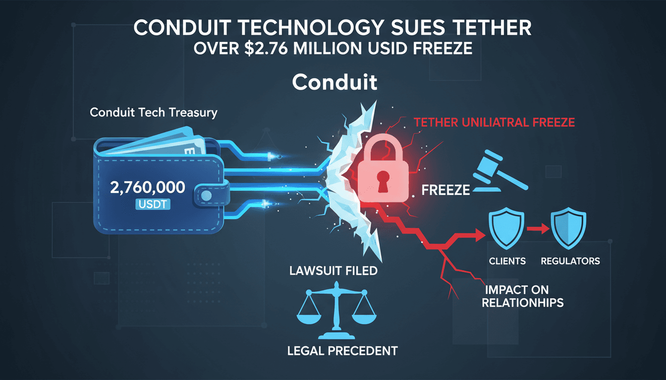 Infographic showing the implications of Conduit Technology's lawsuit against Tether over the $2.76 million USDT freeze.