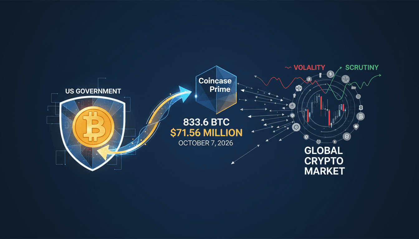 Infographic illustrating the US government's $71.56 million Bitcoin transfer to Coinbase Prime and its market implications.