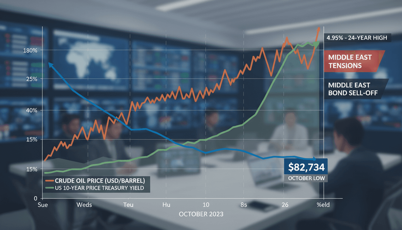 A chart showing Bitcoin's price drop alongside rising oil prices and Treasury yields, highlighting market volatility.