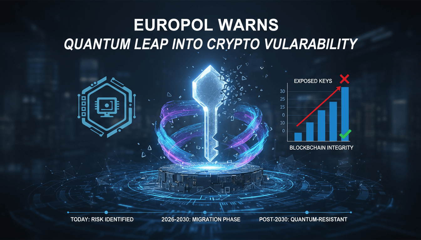 Infographic showing the risk of quantum computing to exposed cryptocurrency wallet keys.