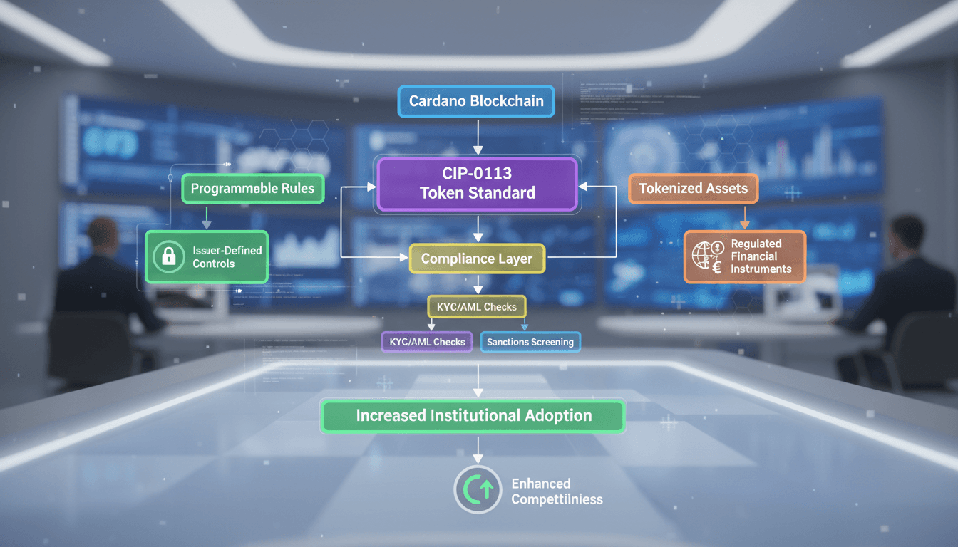 A diagram showing Cardano's CIP-0113 compliance standard and its impact on tokenized assets.