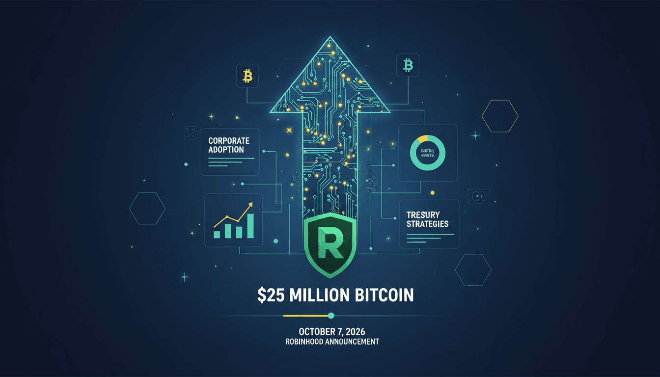 A graphic showing Robinhood's $25 million Bitcoin allocation and its impact on corporate treasury strategies.