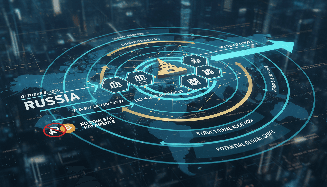 Infographic showing Russia's cryptocurrency exchange licensing framework and its impact on global markets.