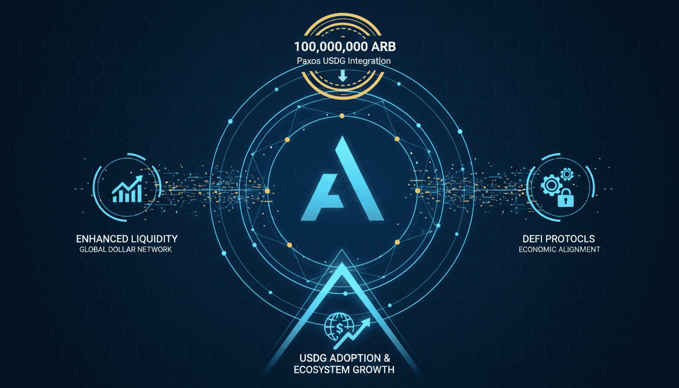 Infographic illustrating Arbitrum DAO's proposal for 100 million ARB allocation to USDG as a core stablecoin.