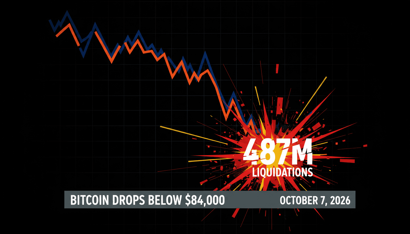 A graphic illustrating Bitcoin's price drop below $84,000 and the impact of long position liquidations.