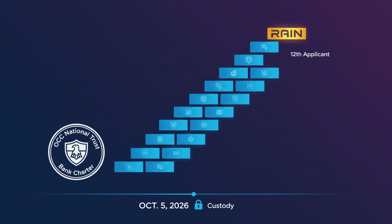 Infographic showing Rain's OCC trust bank charter application and its implications for the crypto market.