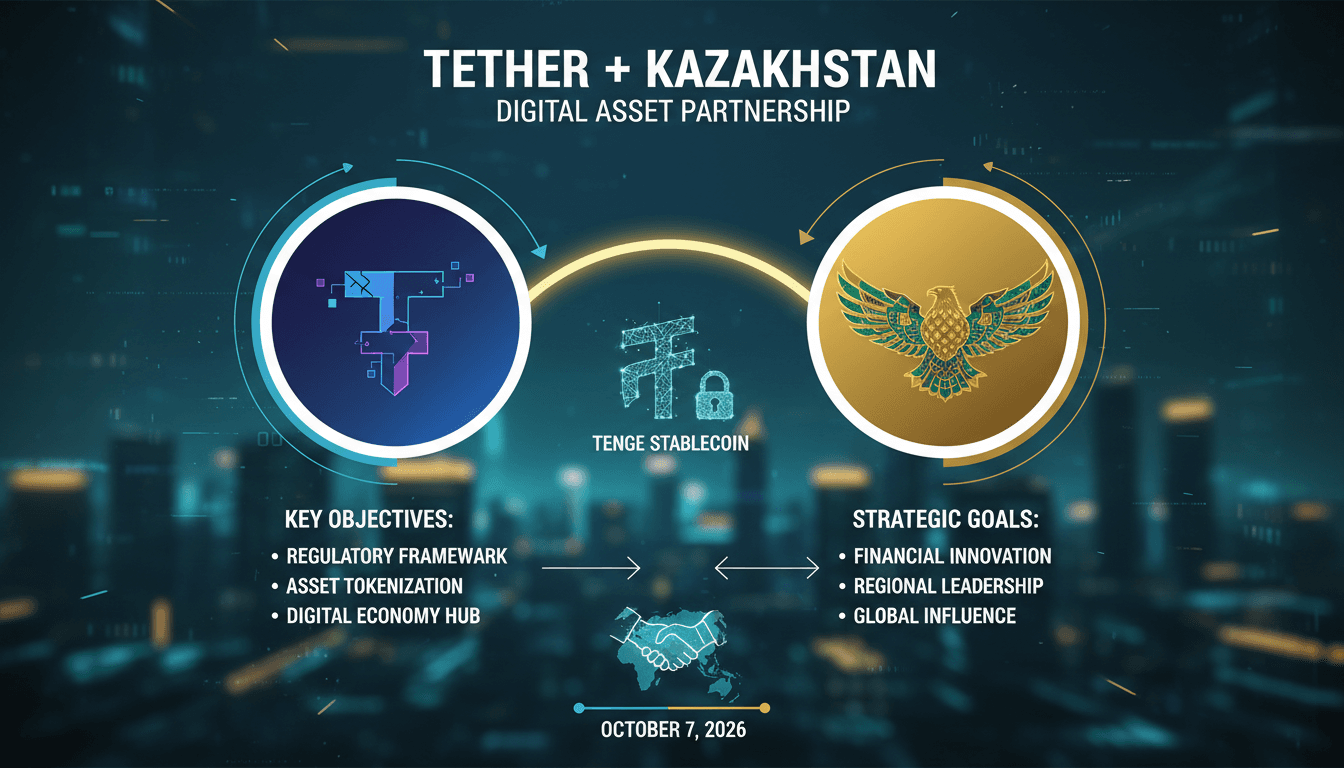 Infographic showing Tether's partnership with Kazakhstan's National Bank to explore a tenge-pegged stablecoin and asset tokenization.