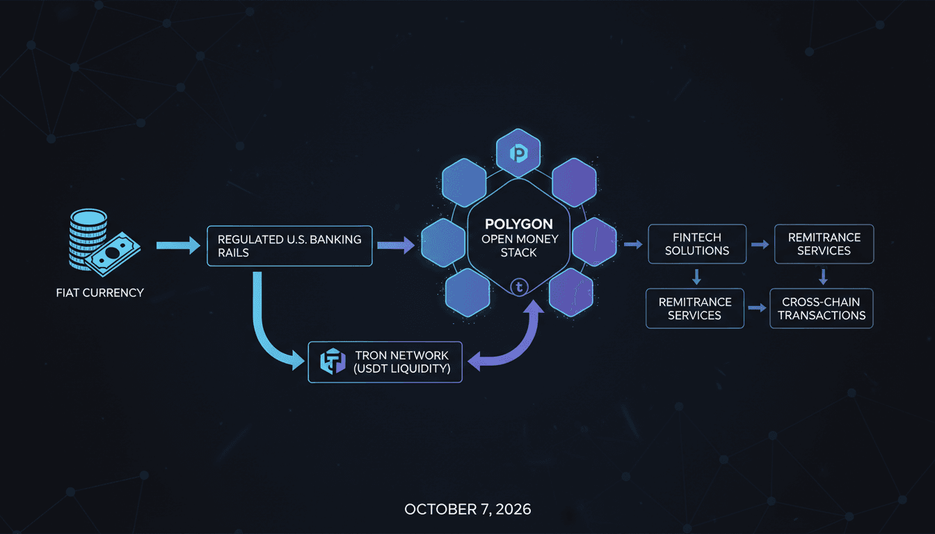 Flowchart showing Polygon's Open Money Stack integration with TRON for USDT payments.