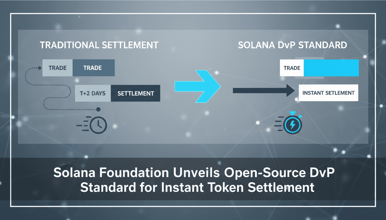 Infographic showing Solana's DvP standard for atomic settlement compared to traditional methods.