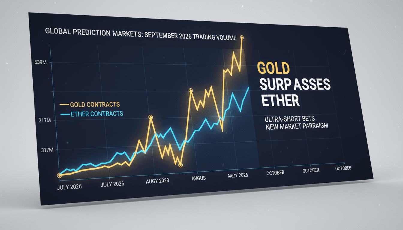 A chart showing the rise of Kalshi's gold prediction markets compared to Ether, highlighting trading volumes and fee generation.
