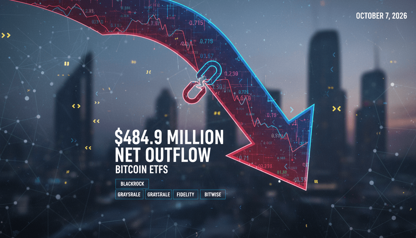 A visual representation of the $484.9 million outflow from US Bitcoin ETFs, highlighting major funds involved.