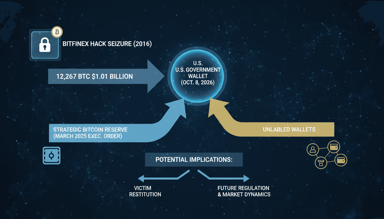 Infographic showing the U.S. government's $1 billion Bitcoin transfer from the Bitfinex hack and its market implications.
