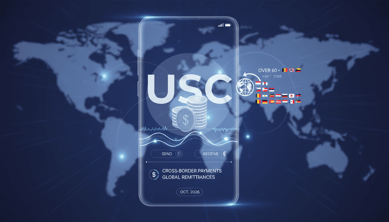 Samsung Wallet interface displaying USDC integration for cross-border payments.