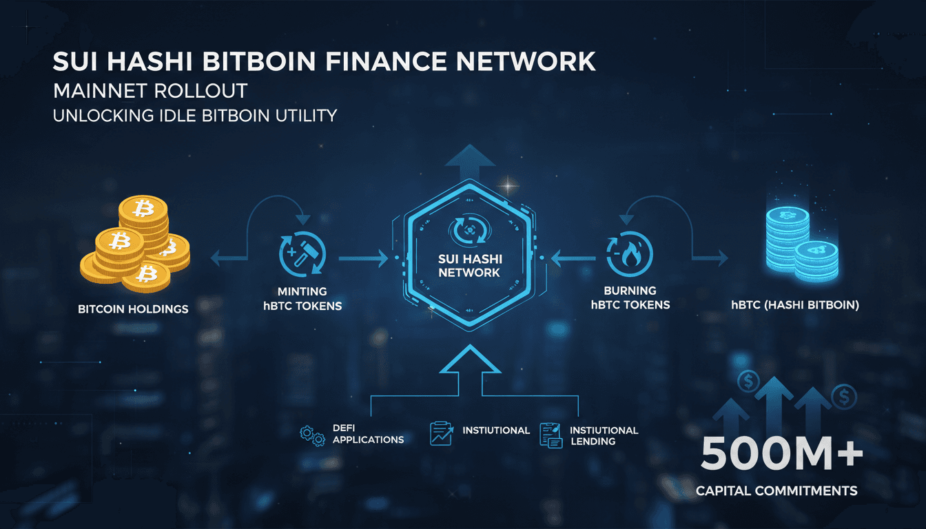 Infographic showing the flow of Bitcoin collateralization through the Sui Hashi network, highlighting hBTC token minting and burning.