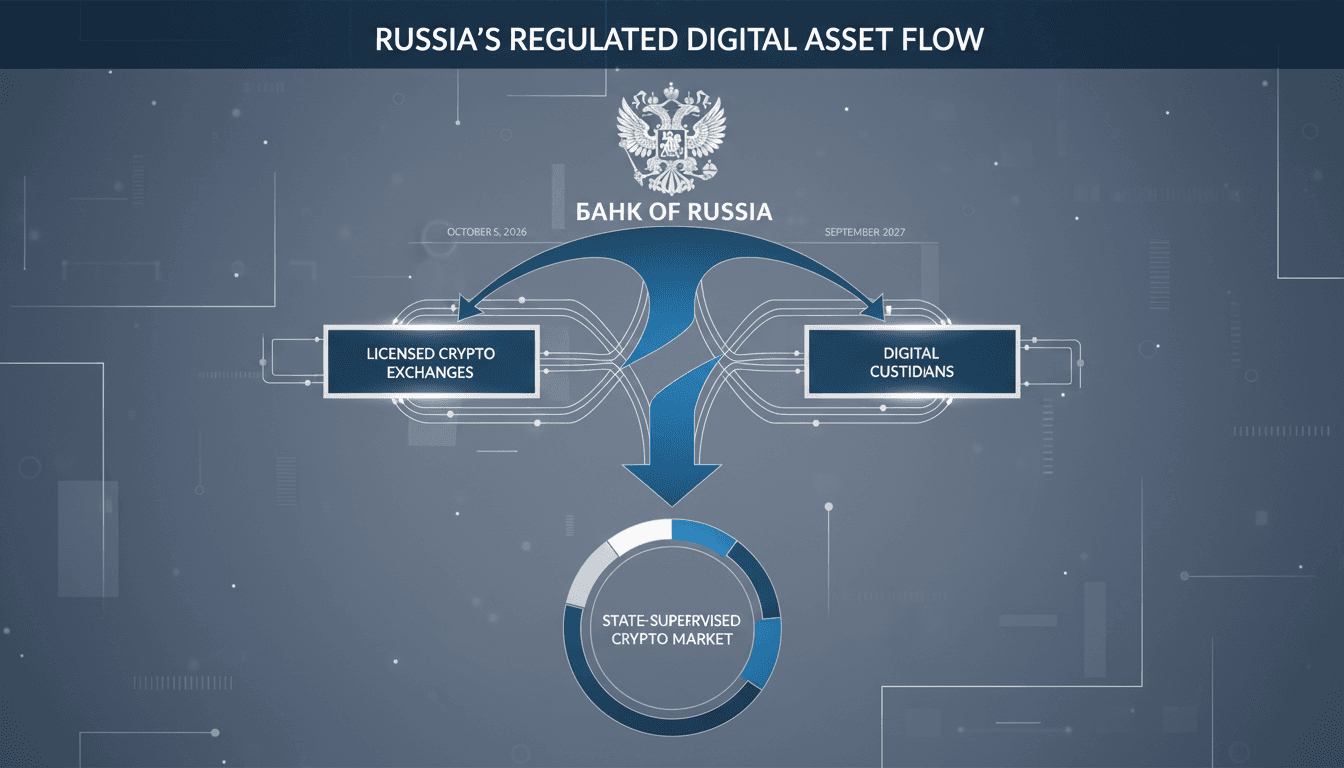 Infographic showing the regulatory framework for Russia's new cryptocurrency exchanges and custodians.