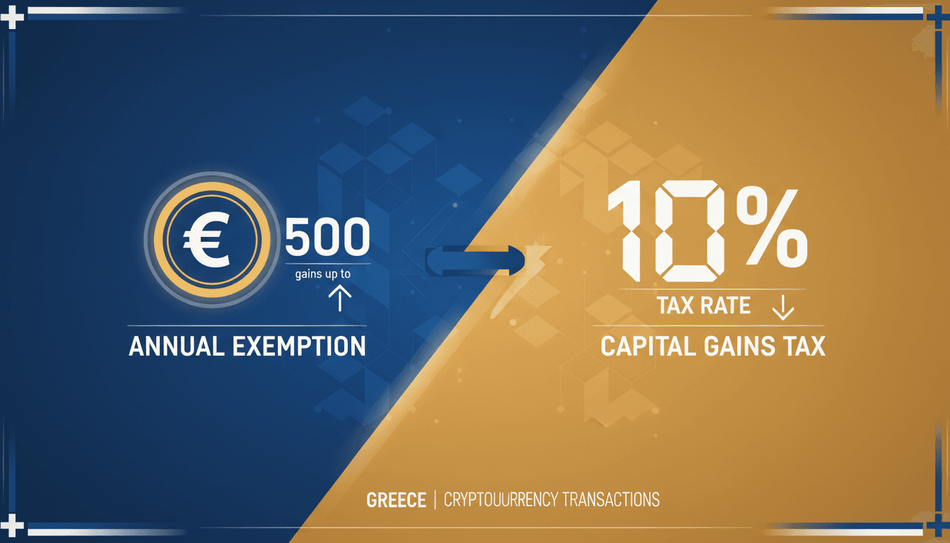 Infographic detailing Greece's proposed 10% capital gains tax on cryptocurrency transactions and the €500 exemption.