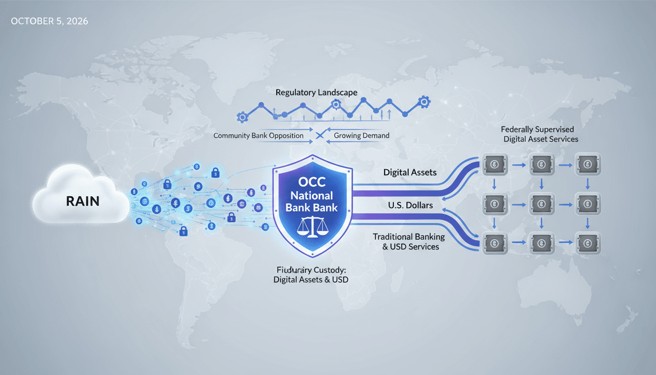 Infographic showing Rain's proposed banking services and regulatory landscape for crypto assets.
