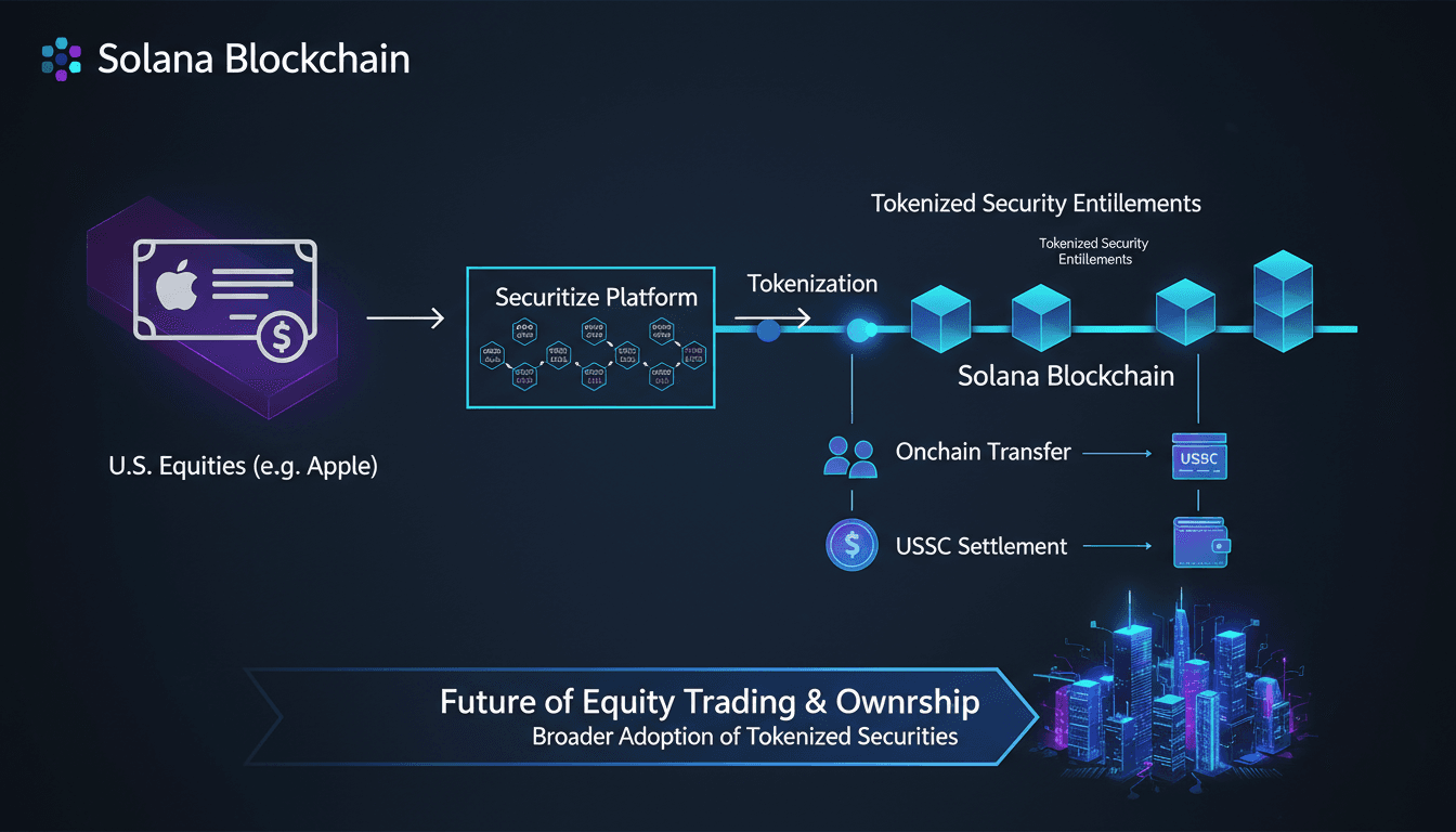 Infographic showing the process of trading tokenized Apple shares on the Solana blockchain.