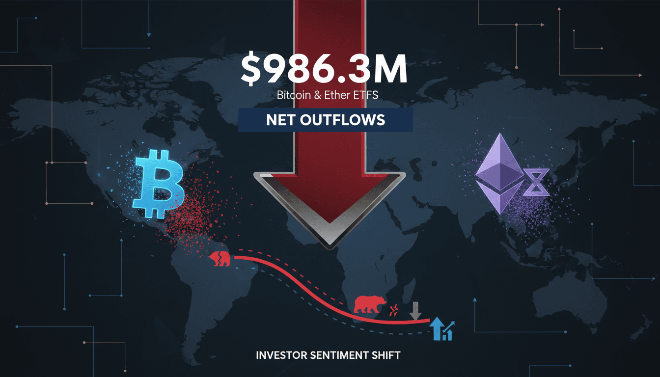 Infographic showing $986 million outflow from Bitcoin and Ether ETFs, indicating a shift in investor sentiment.