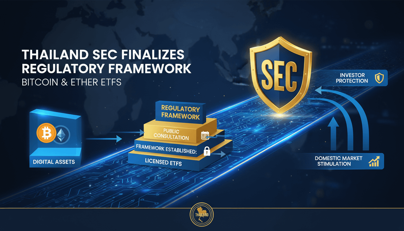 Infographic showing Thailand's SEC regulatory framework for Bitcoin and Ether ETFs, highlighting key requirements and timelines.