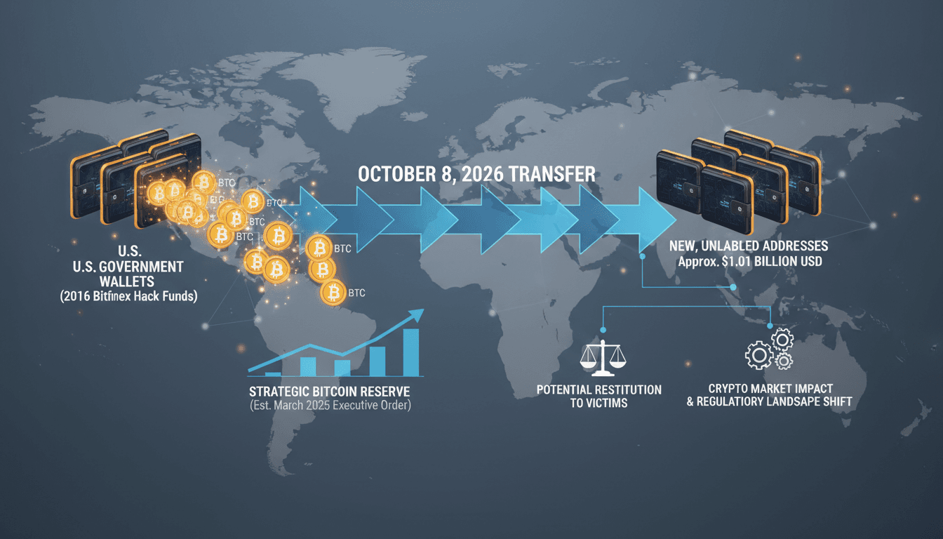 Infographic showing the U.S. government's transfer of Bitcoin from Bitfinex hack wallets to new addresses.